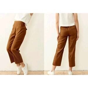 Aday Pull On Linen Blend High Rise Cropped Pants Size L Pecan Button Hem Detail